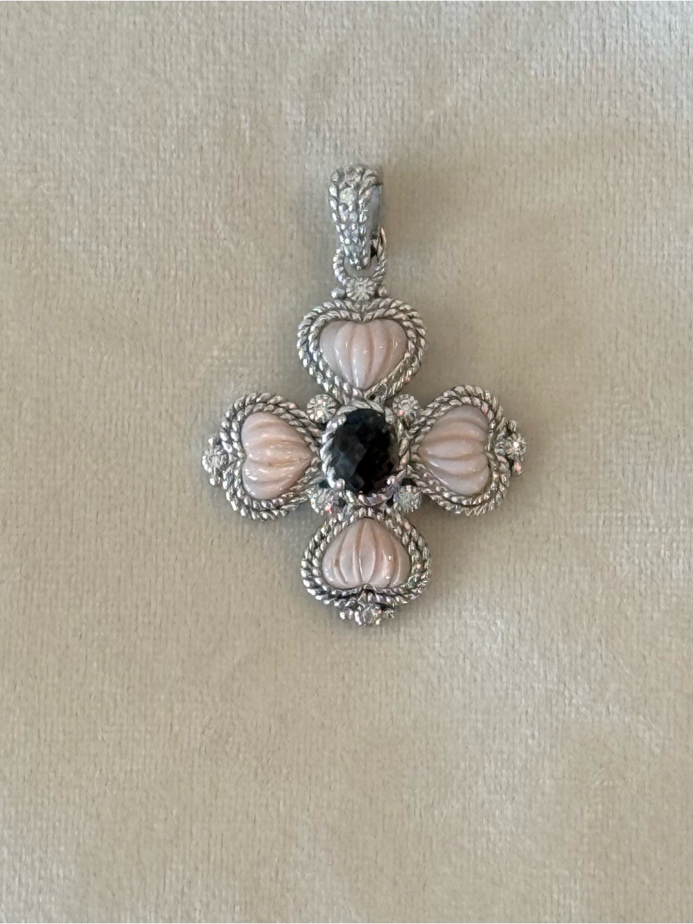 Judith Ripka 925 Sterling Pink Mother of Pearl Smoky Quartz Clover Pendant